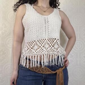 White Crochet Fringe Cropped Tank Top Fits Womens Medium Boho Festival Beachwear